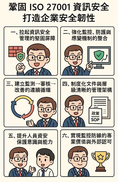 鞏固 ISO 27001 資訊安全監控防線，捷思企管跟您一起打造企業資安韌性與防護力!圖片解說。