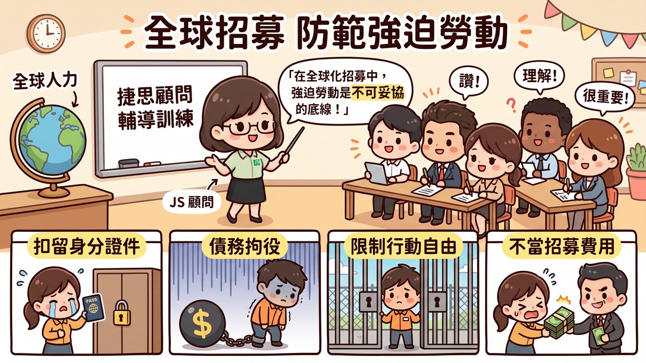 在全球化的人力招募過程中,防範任何形式的強迫勞動已是不可妥協的底線。捷思顧問於輔導訓練過程中,詳細剖析了各項國際指標,涵蓋扣留身分證件、債務拘役、限制行動自由以及不當招募費用等常見的高風險情境。