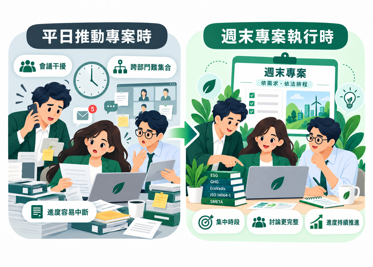 平日推動專案容易受到工作干擾，企業週末專案則可依合法排程集中推進